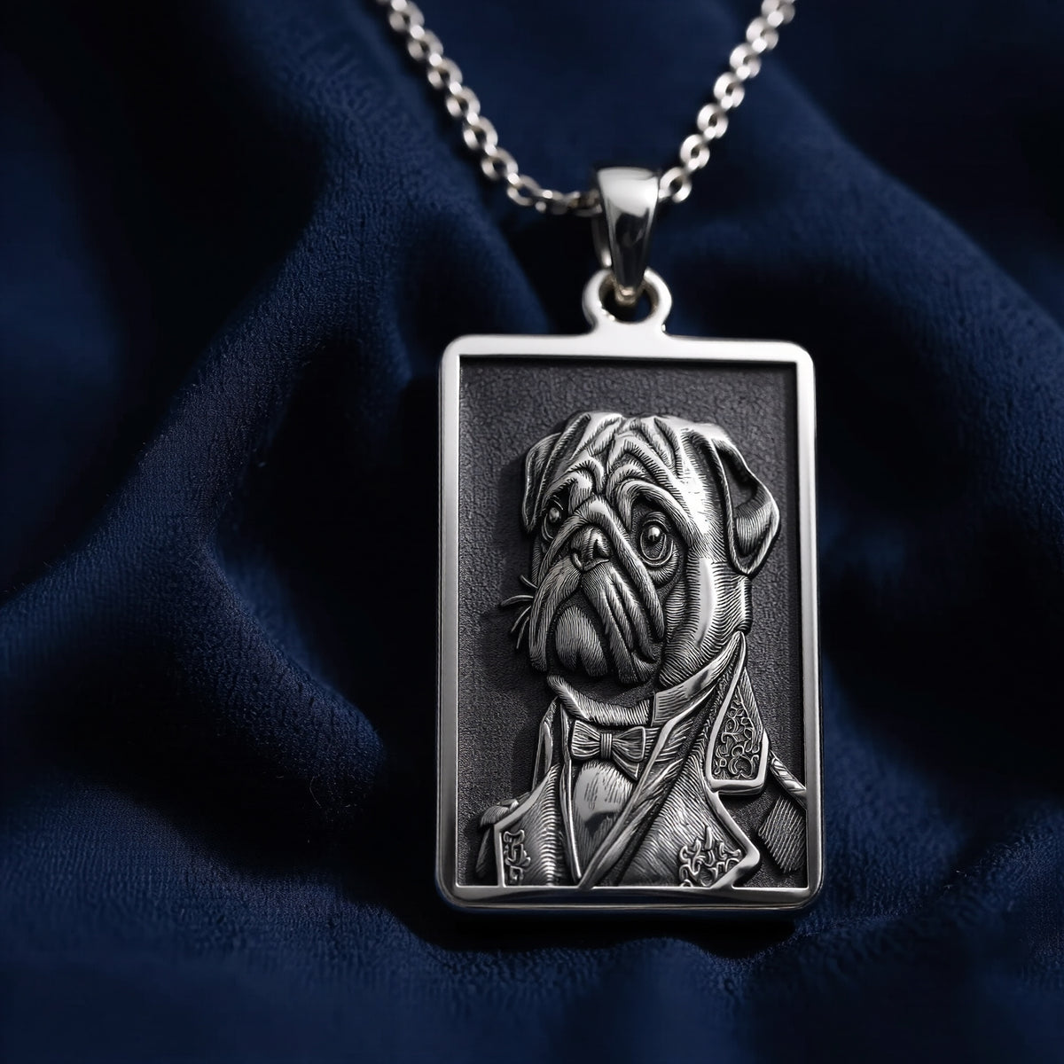 Victorian Pug Portrait Necklace - 925 Sterling Silver