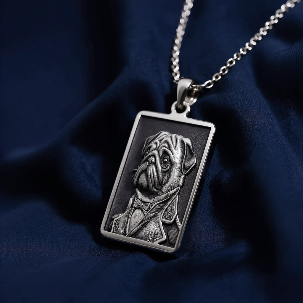 A polished 925 sterling silver rectangle pendant with a custom laser-etched portrait of a Pug in formal wear, ideal as a unique dog lover gift. - View 5