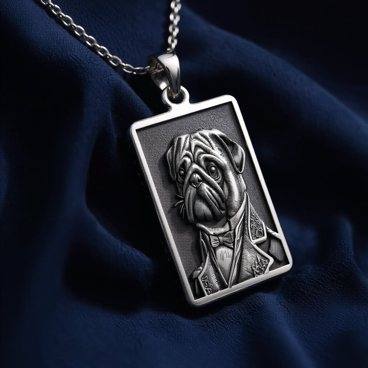 A polished 925 sterling silver rectangle pendant with a custom laser-etched portrait of a Pug in formal wear, ideal as a unique dog lover gift. - View 6