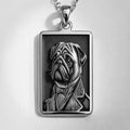A polished 925 sterling silver rectangle pendant with a custom laser-etched portrait of a Pug in formal wear, ideal as a unique dog lover gift.