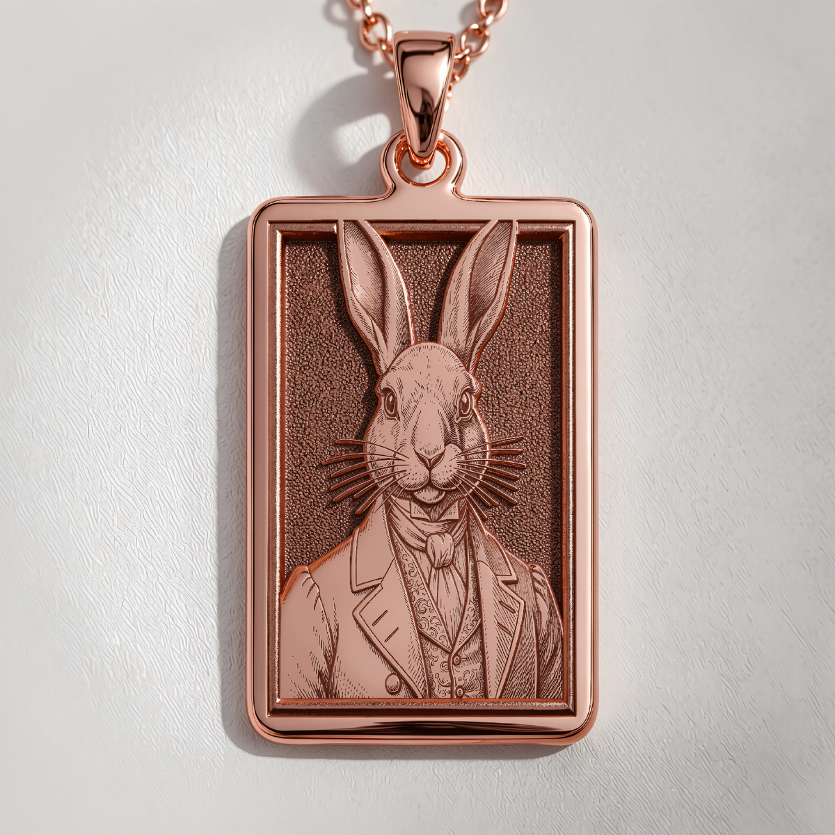 Victorian Rabbit Gentleman Bunny Pendant in a polished rose gold finish.
