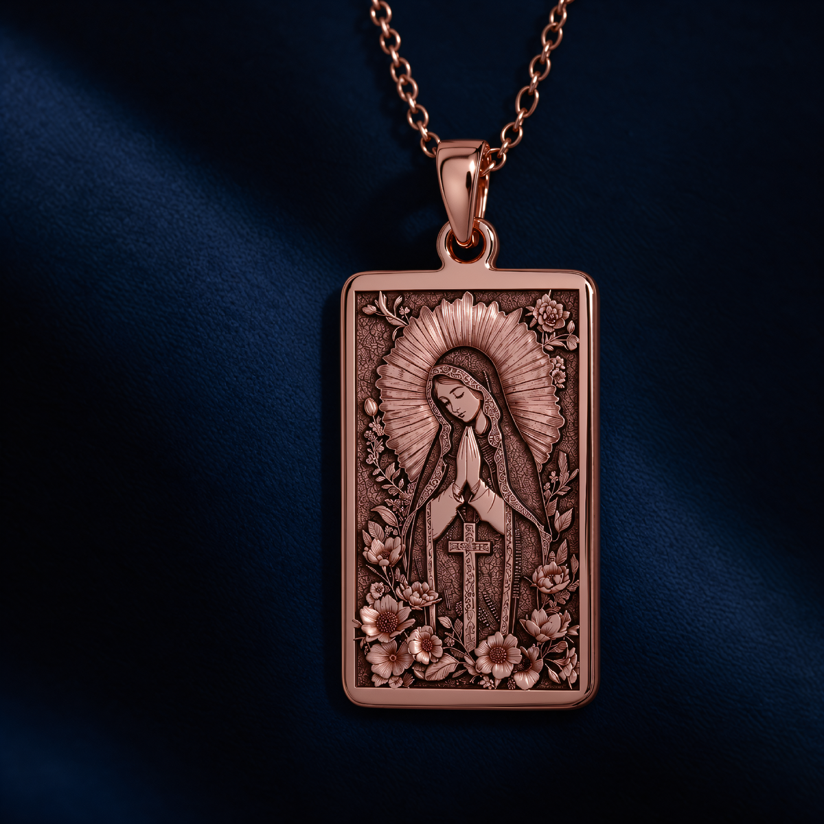 Virgin Mary Blessed Mother Charm Necklace in a polished rose gold finish.