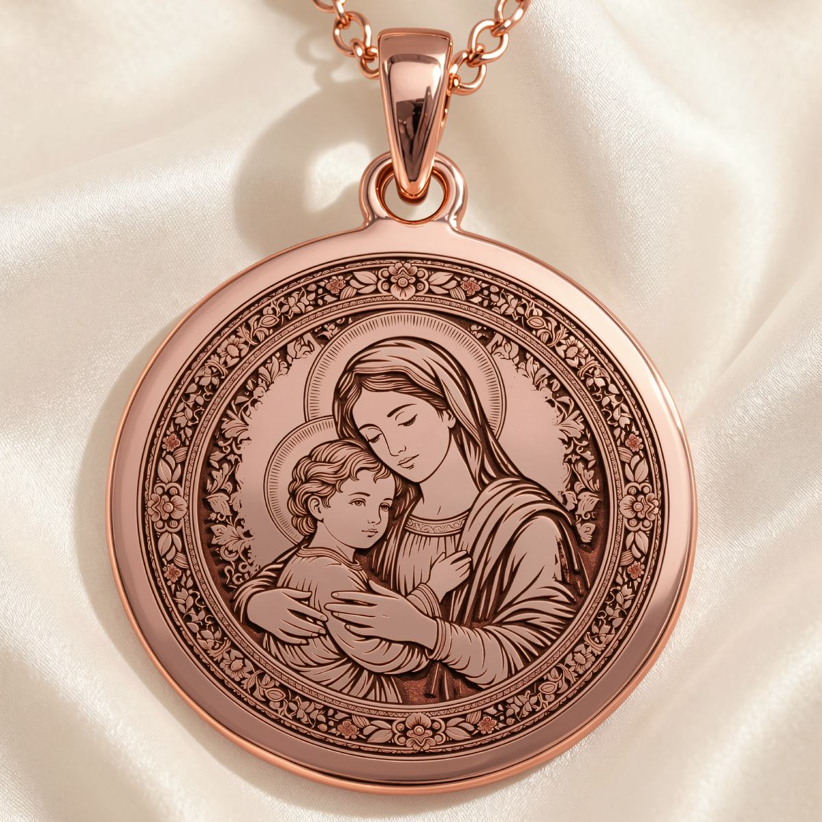 Virgin Mary Madonna and Child Pendant in a polished rose gold finish.