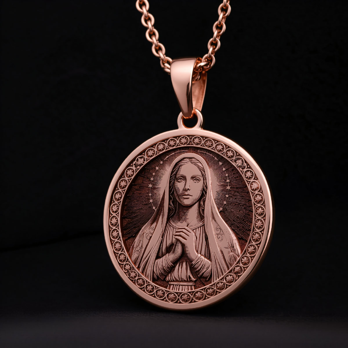 Virgin Mary Queen of Peace Medjugorje Pendant in a polished rose gold finish.