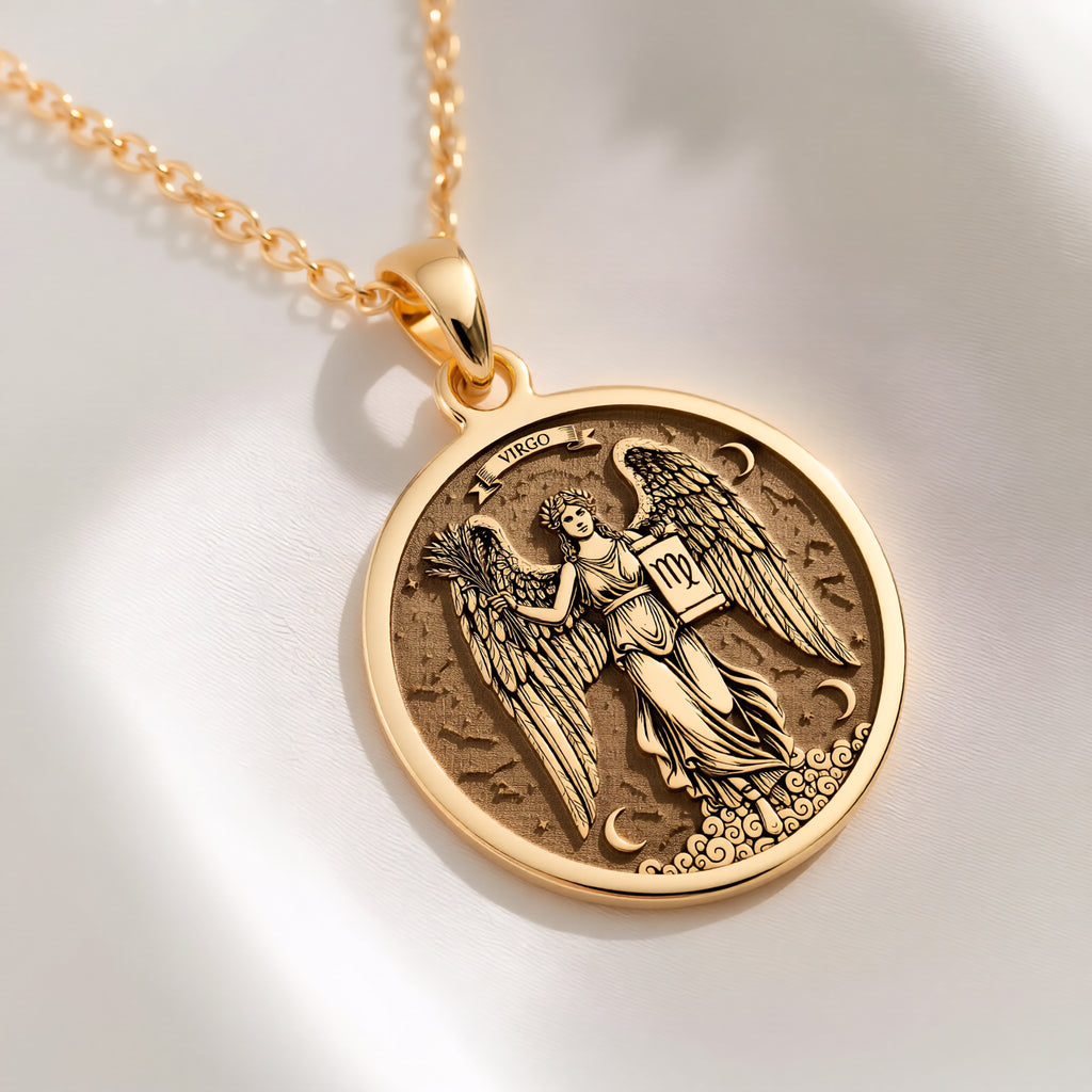 An heirloom-quality 14K solid gold round pendant engraved with a beautiful Virgo angel. This fine horoscope jewelry is a timeless symbol of the harvest season and purity.