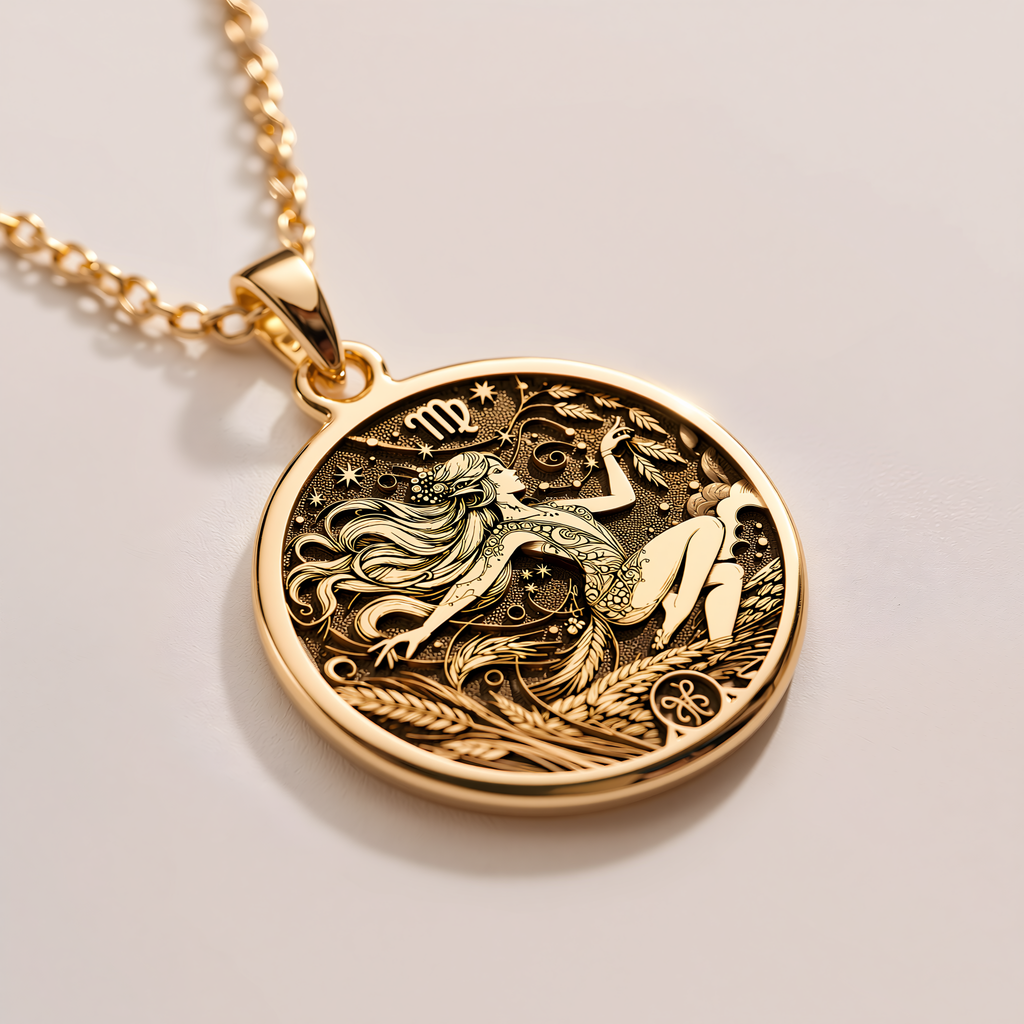 Virgo Maiden Zodiac Necklace - 14K Solid Gold, Left Angle View