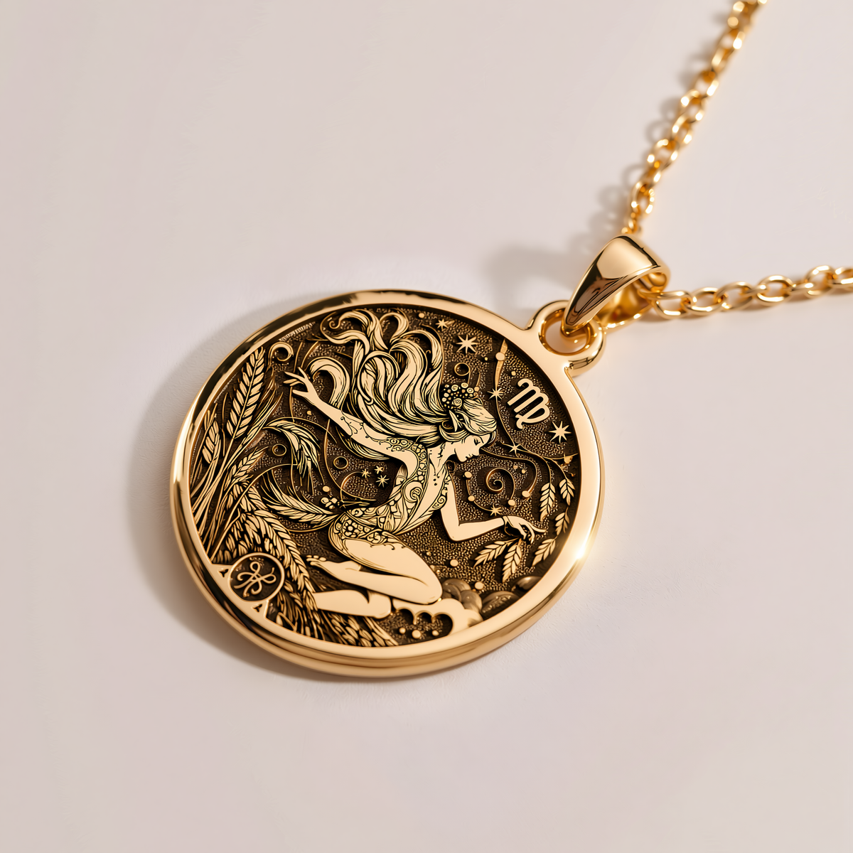 Virgo Maiden Zodiac Necklace - 14K Solid Gold, Right Angle View