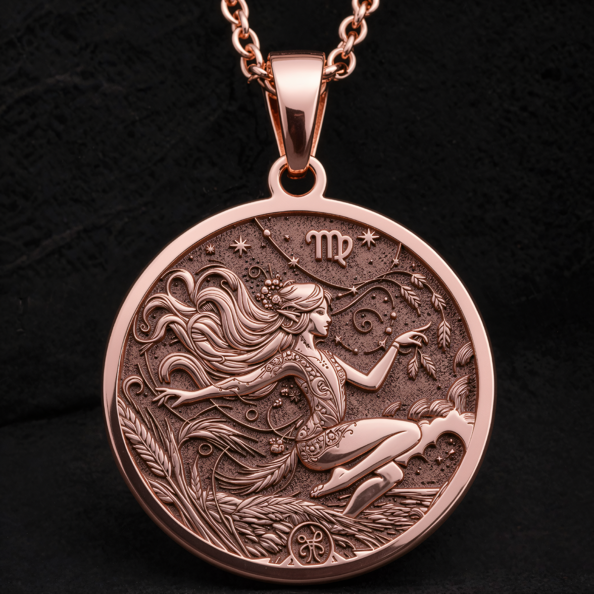 Virgo Maiden Zodiac Necklace in a polished rose gold finish.