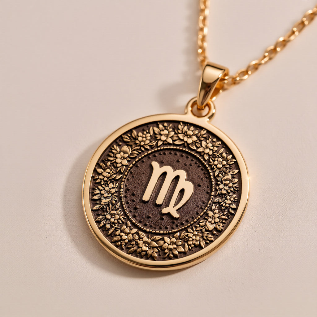 14K Solid Gold Virgo Zodiac Medallion featuring the graceful maiden symbol surrounded by an intricate floral wreath. Detailed horoscope coin pendant. Luxury astrology jewelry representing Virgo's meticulous and analytical nature. - View 7