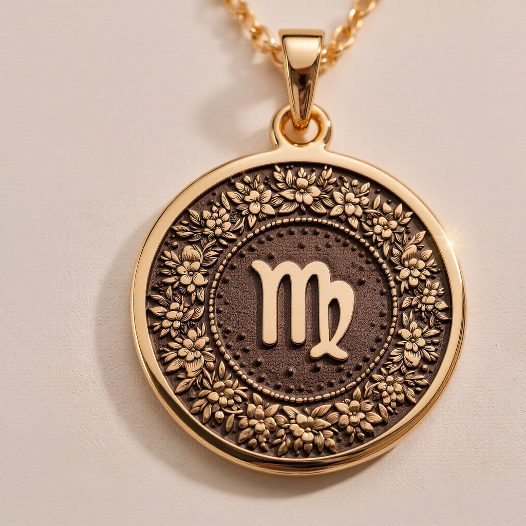 14K Solid Gold Virgo Zodiac Medallion featuring the graceful maiden symbol surrounded by an intricate floral wreath. Detailed horoscope coin pendant. Luxury astrology jewelry representing Virgo's meticulous and analytical nature. - View 8