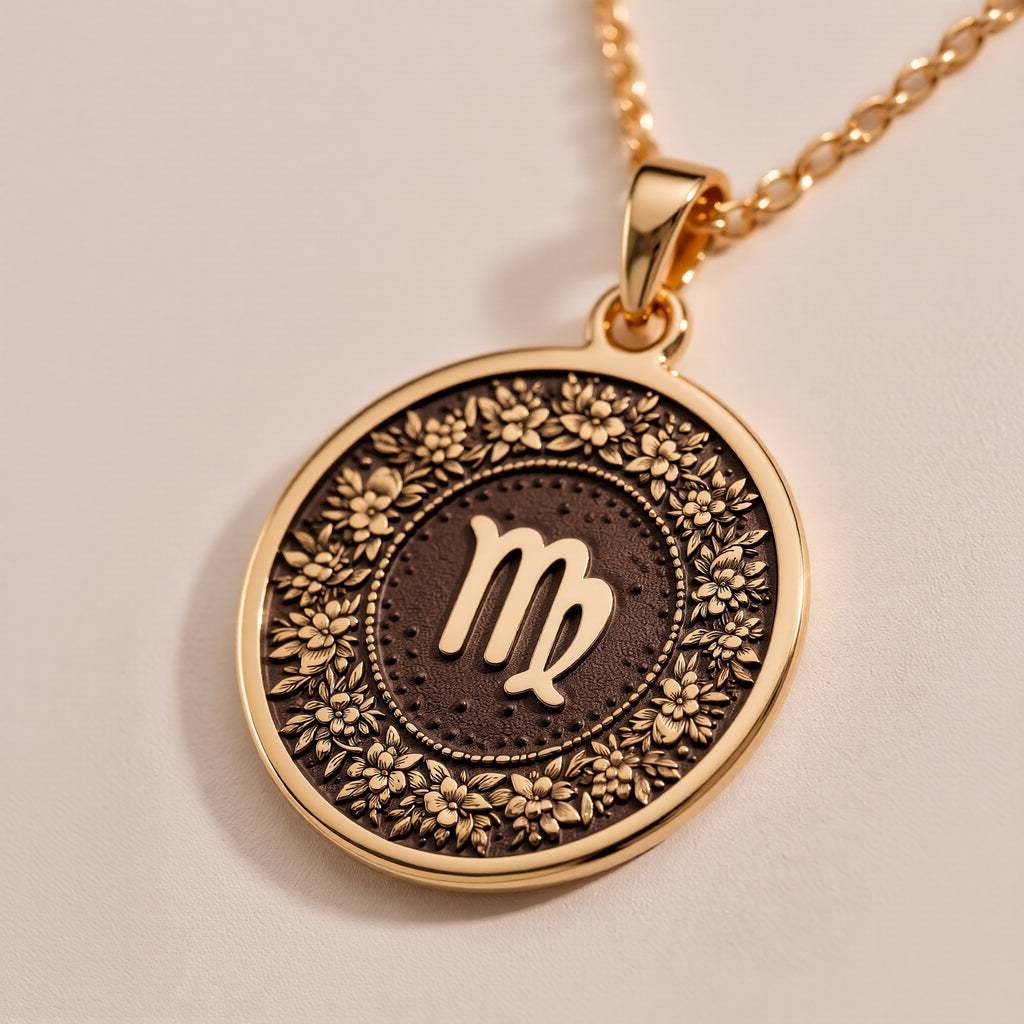 14K Solid Gold Virgo Zodiac Medallion featuring the graceful maiden symbol surrounded by an intricate floral wreath. Detailed horoscope coin pendant. Luxury astrology jewelry representing Virgo's meticulous and analytical nature. - View 9