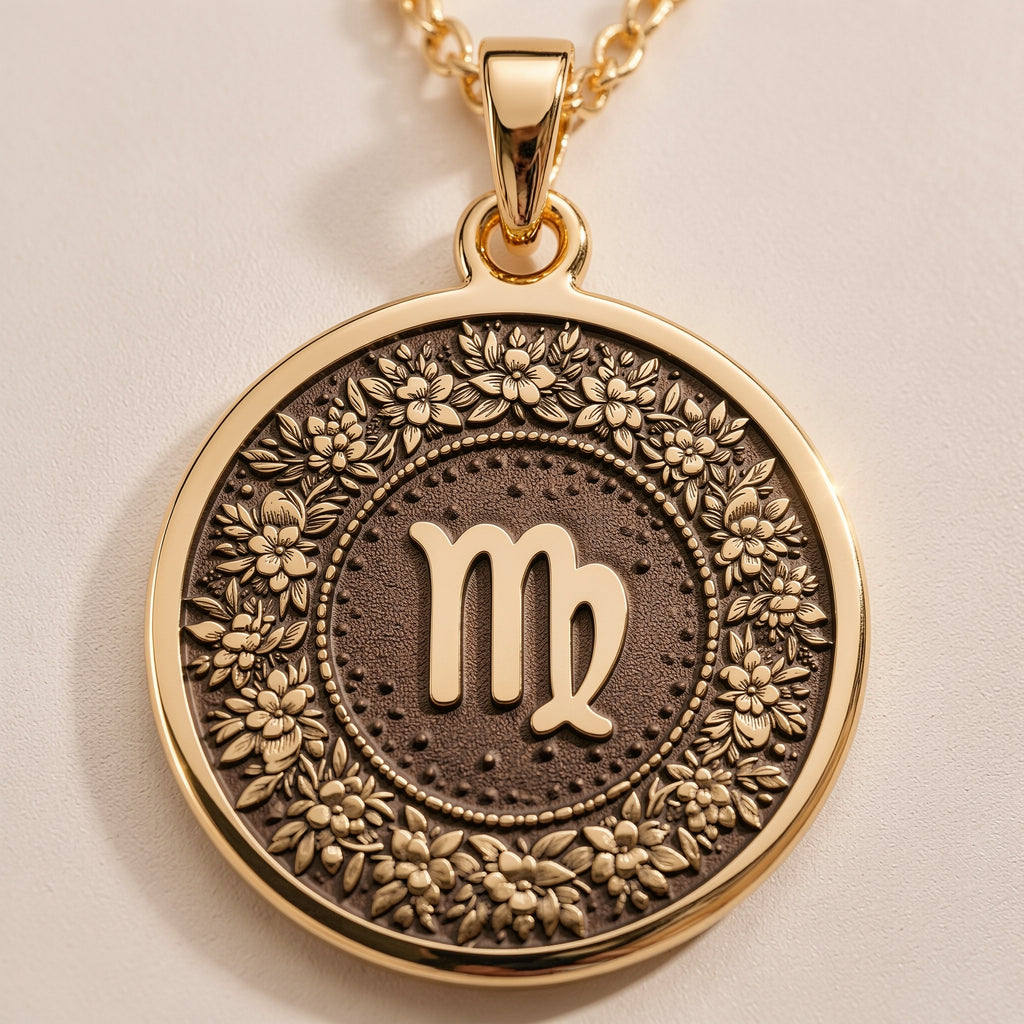 14K Solid Gold Virgo Zodiac Medallion featuring the graceful maiden symbol surrounded by an intricate floral wreath. Detailed horoscope coin pendant. Luxury astrology jewelry representing Virgo's meticulous and analytical nature.