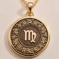 14K Solid Gold Virgo Zodiac Medallion featuring the graceful maiden symbol surrounded by an intricate floral wreath. Detailed horoscope coin pendant. Luxury astrology jewelry representing Virgo's meticulous and analytical nature.