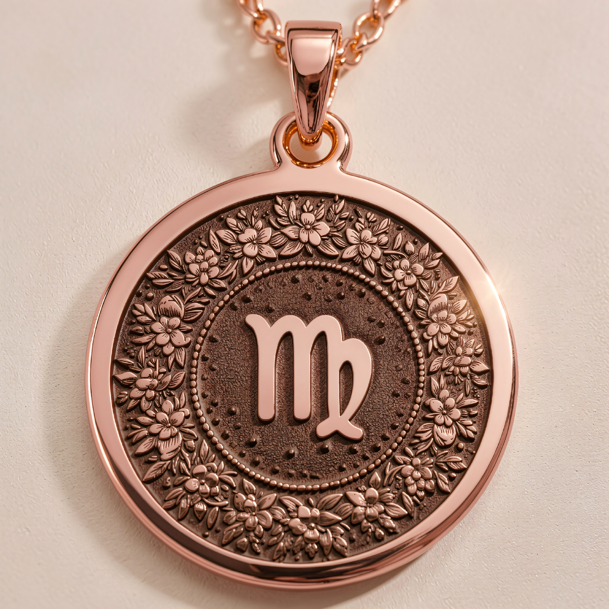 Virgo Zodiac Astrological Sign Pendant in a polished rose gold finish.