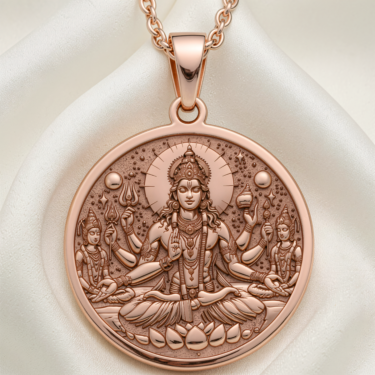 Vishnu Conch Disc Amulet Necklace pendant in 14K rose gold plated finish shows Lord Vishnu seated with four arms and radiant halo.