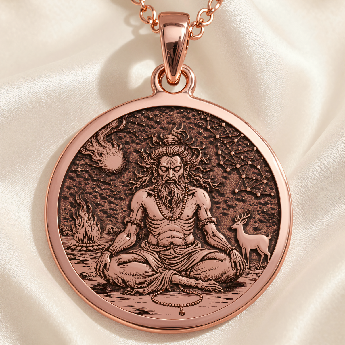 Vishvamitra Hindu Sage Coin Pendant in a polished rose gold finish.
