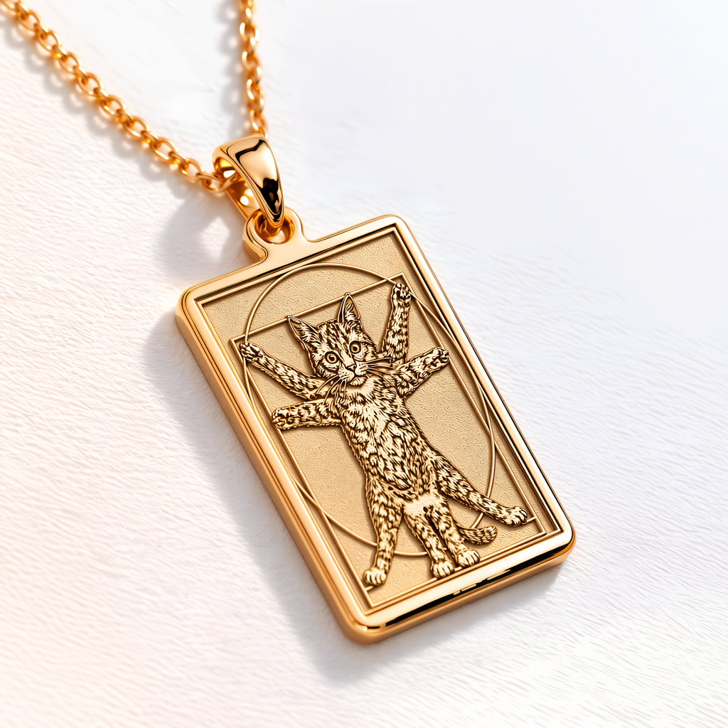 Vitruvian Cat Art Pendant - 14K Solid Gold, Left Angle View