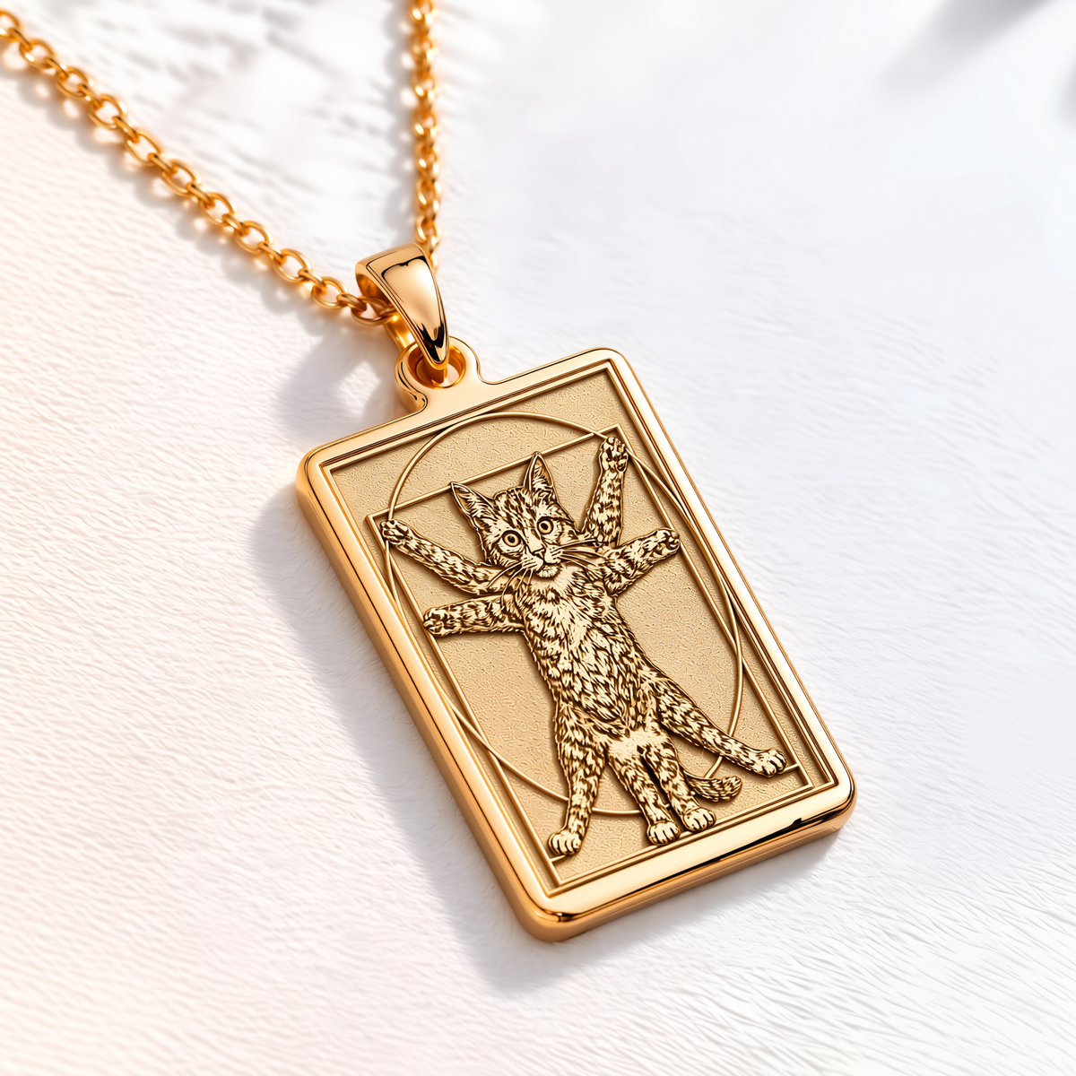 Vitruvian Cat Art Pendant - 14K Solid Gold, Right Angle View