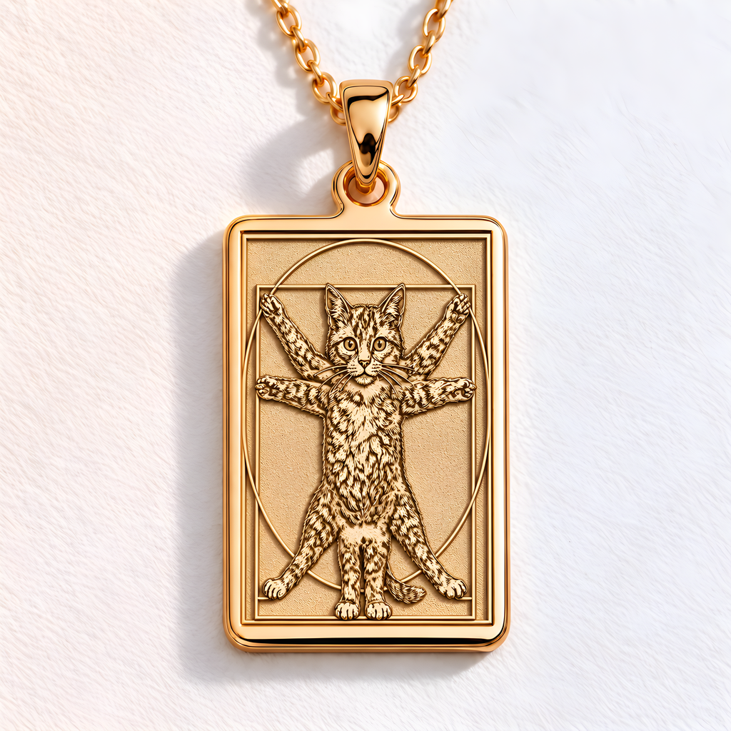 Vitruvian Cat Necklace: 14K Gold Da Vinci Parody Funny Art Pendant - View 2