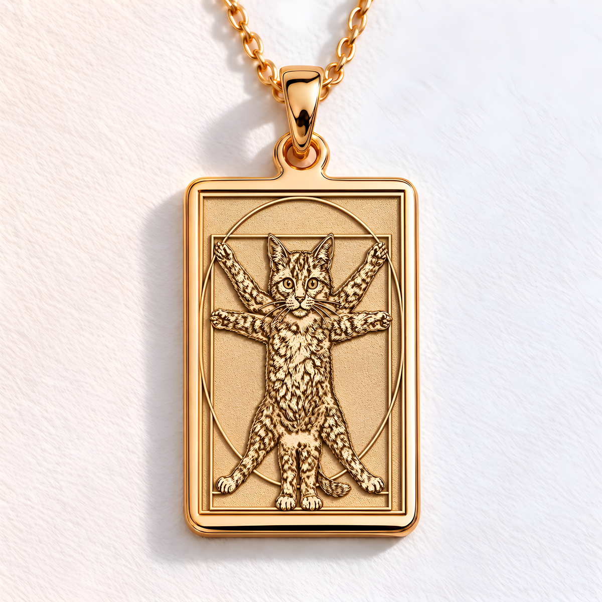 Vitruvian Cat Necklace: 14K Gold Da Vinci Parody Funny Art Pendant - View 2
