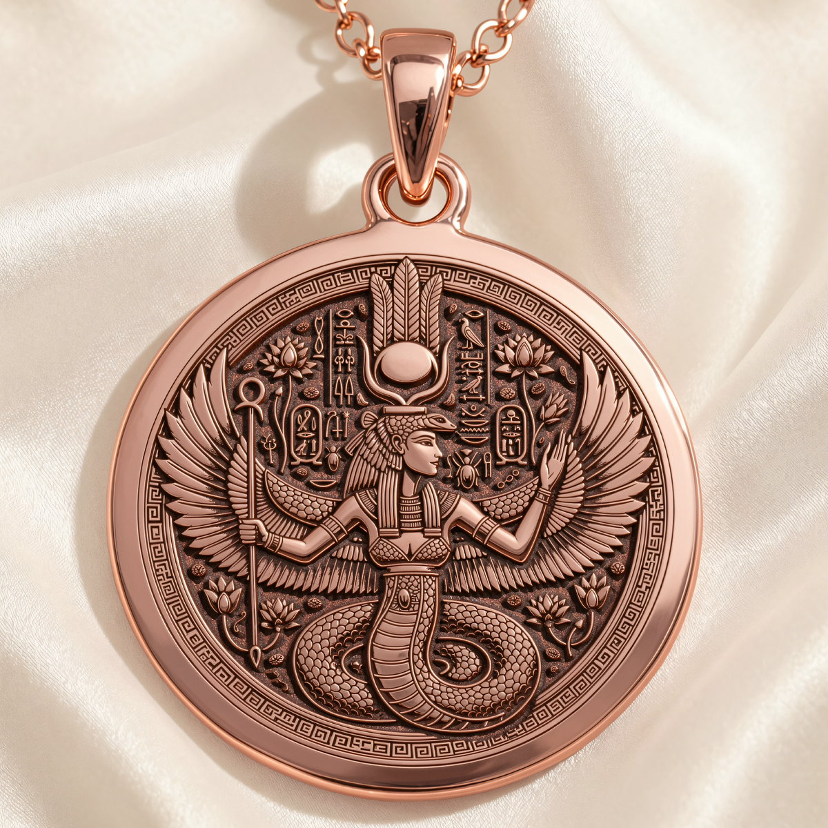 Wadjet Cobra Goddess Pendant in a polished rose gold finish.