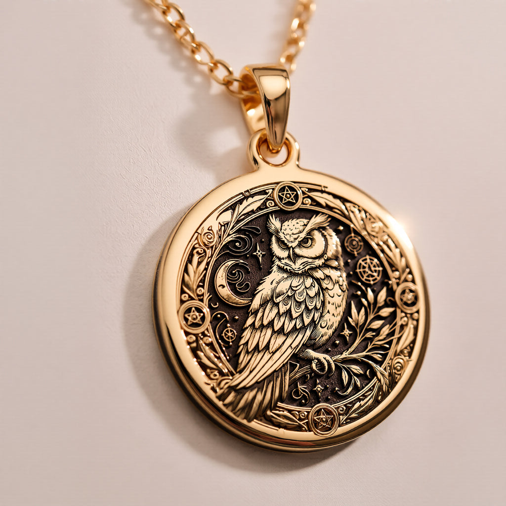 Wiccan Owl Medallion Pendant - 14K Solid Gold