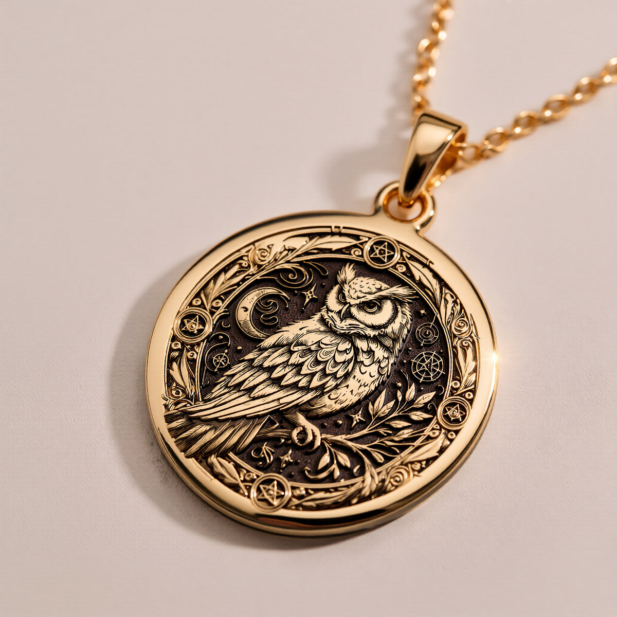 14K Solid Gold Owl Pentagram Medallion featuring wisdom bird with mystical symbols. Detailed occult talisman with intricate feather work, celestial elements and sacred geometry. Luxury pagan jewelry gift. - View 7