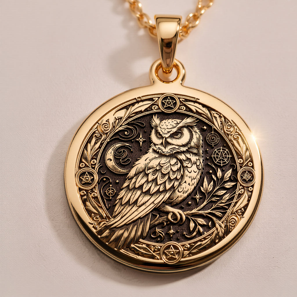 14K Solid Gold Owl Pentagram Medallion featuring wisdom bird with mystical symbols. Detailed occult talisman with intricate feather work, celestial elements and sacred geometry. Luxury pagan jewelry gift. - View 8