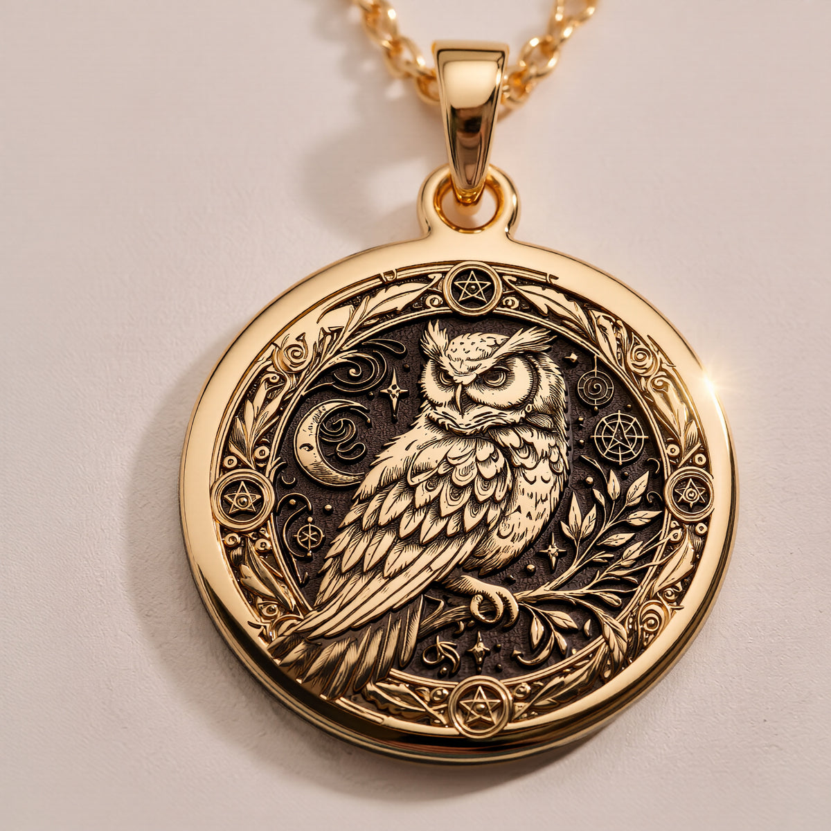 14K Solid Gold Owl Pentagram Medallion featuring wisdom bird with mystical symbols. Detailed occult talisman with intricate feather work, celestial elements and sacred geometry. Luxury pagan jewelry gift. - View 8