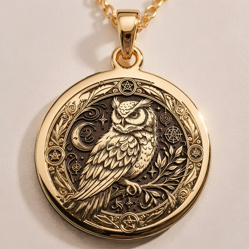 14K Solid Gold Owl Pentagram Medallion featuring wisdom bird with mystical symbols. Detailed occult talisman with intricate feather work, celestial elements and sacred geometry. Luxury pagan jewelry gift.
