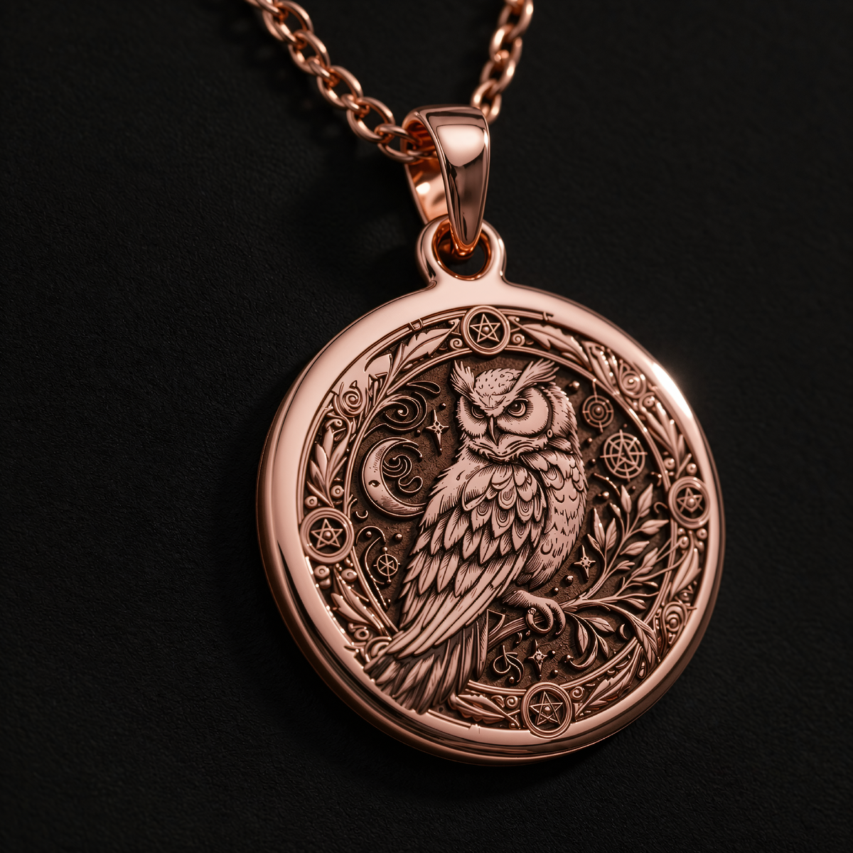 Wiccan Owl Medallion Pendant in a polished rose gold finish.