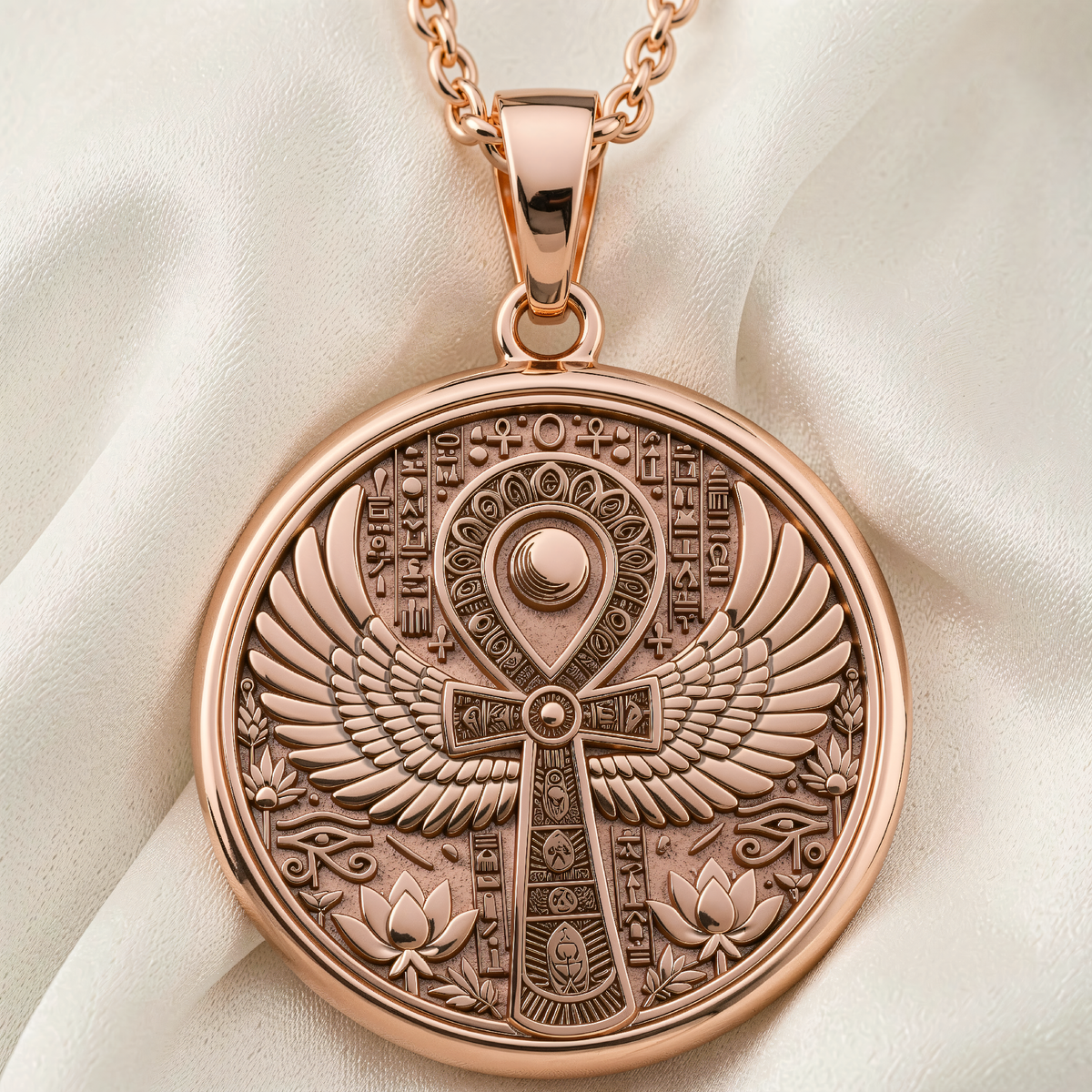 Winged Ankh Necklace | Silver & Plated Options - Spiritual Protection Talisman - 14K Rose Gold Plated Front View