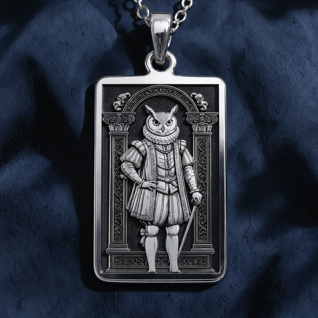 A handcrafted 925 sterling silver wise owl charm in a rectangular shape. This personalized piece of anthropomorphic jewelry is a standout accessory for any admirer of the symbol of wisdom.
