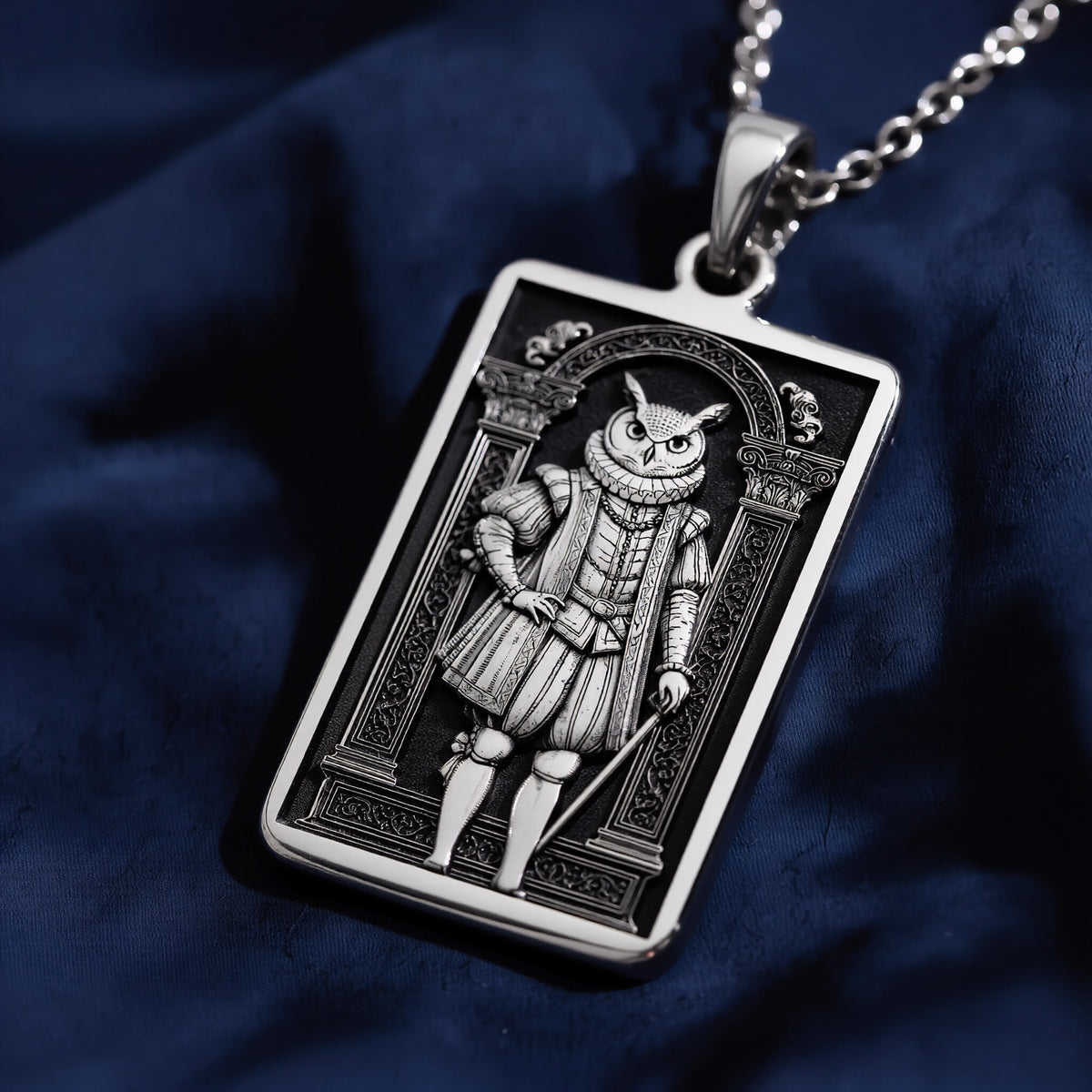 A striking 925 sterling silver tarot card pendant of a wise owl. This piece of witchy jewelry is inspired by magical messengers from stories like Harry Potter. - View 4