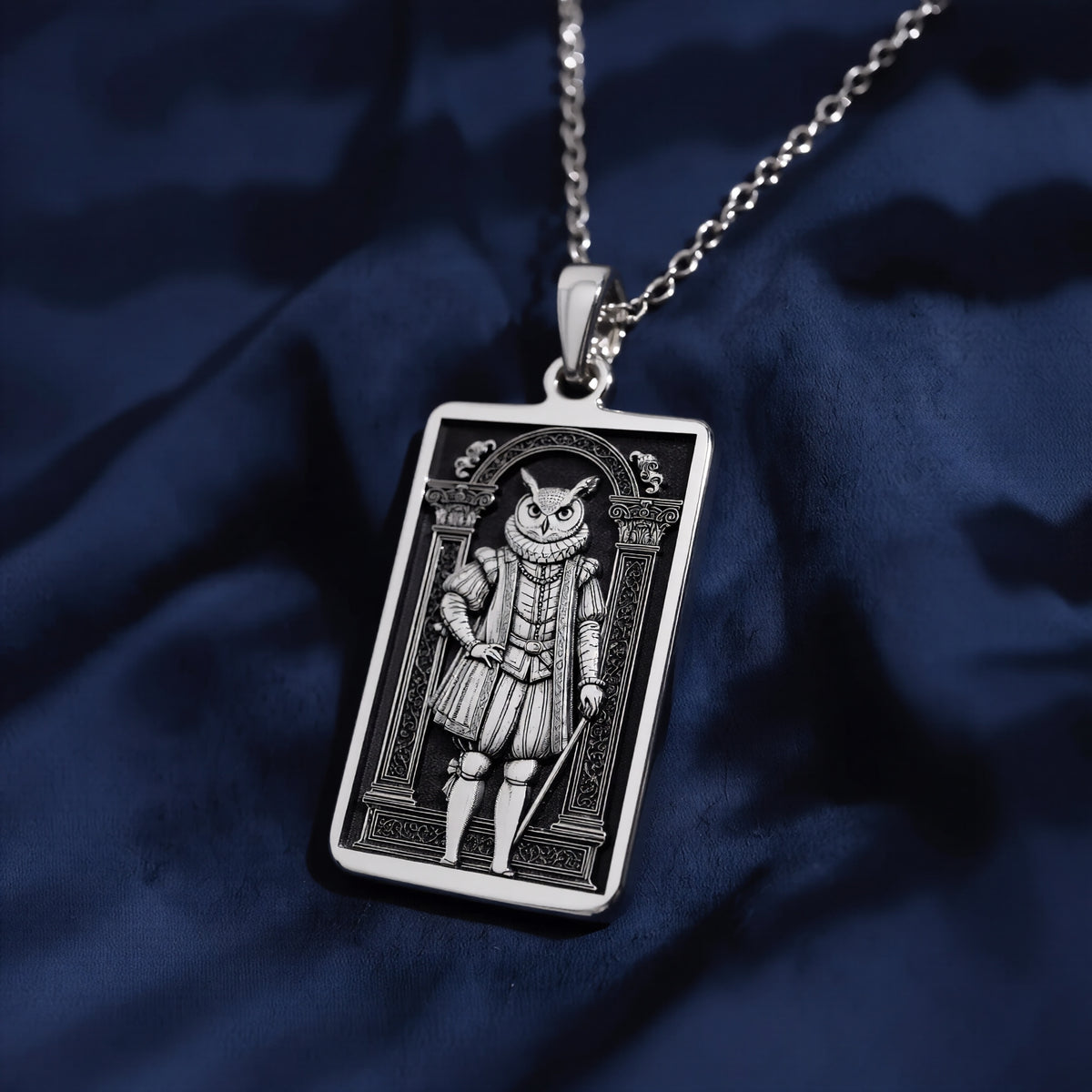 A striking 925 sterling silver tarot card pendant of a wise owl. This piece of witchy jewelry is inspired by magical messengers from stories like Harry Potter. - View 7