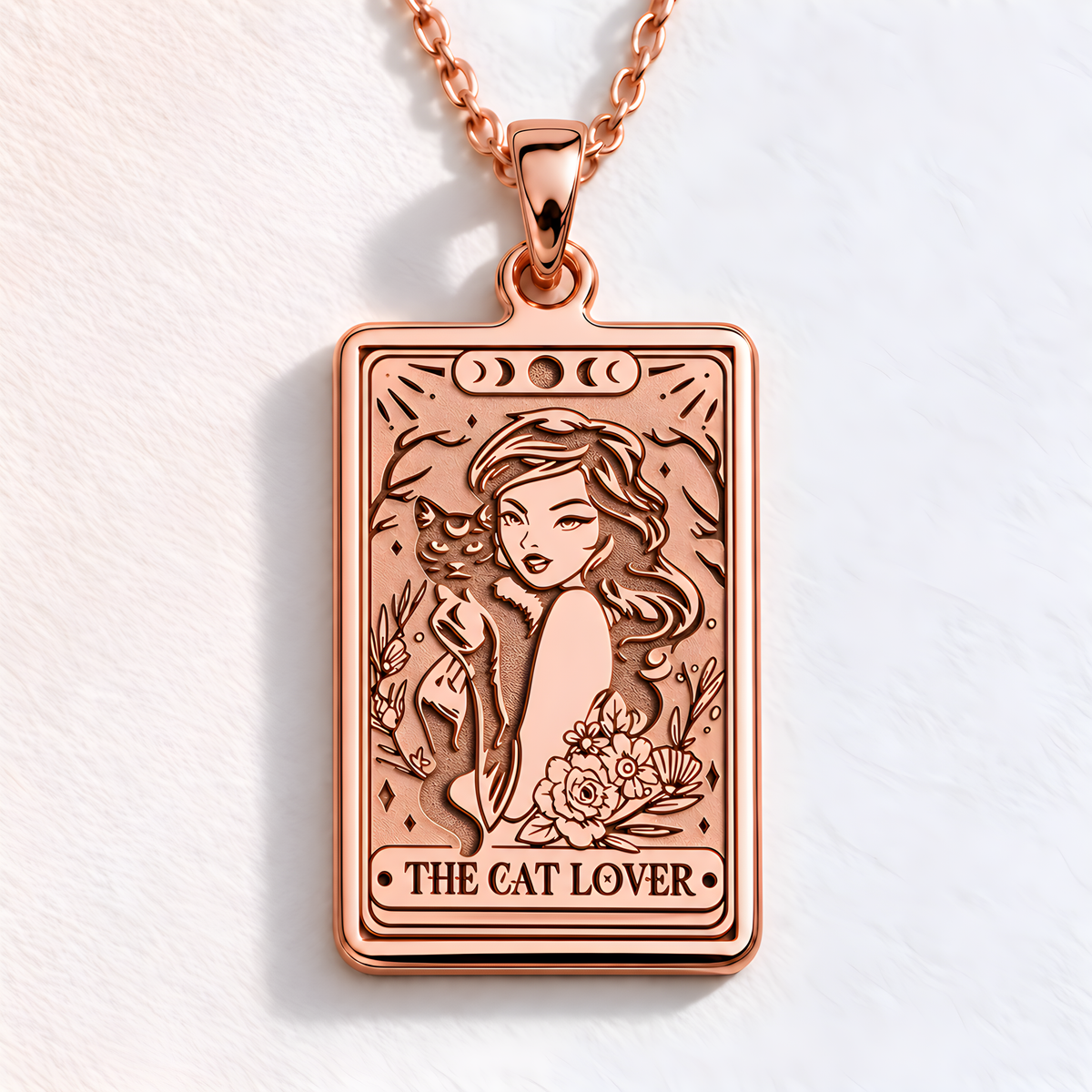 Witch Girl Tarot Rider Waite Occult Arcana Necklace in a polished rose gold finish.