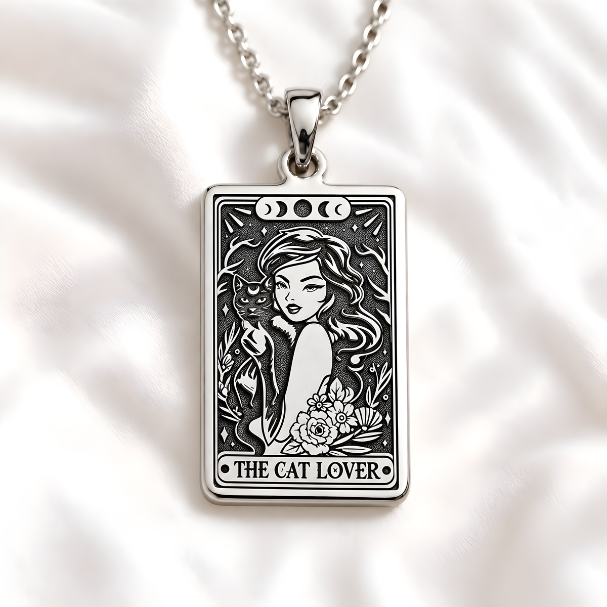 Witch Girl Tarot Rider Waite Occult Arcana Necklace in a silver finish, shown from the front with detailed engraving on the pendant.
