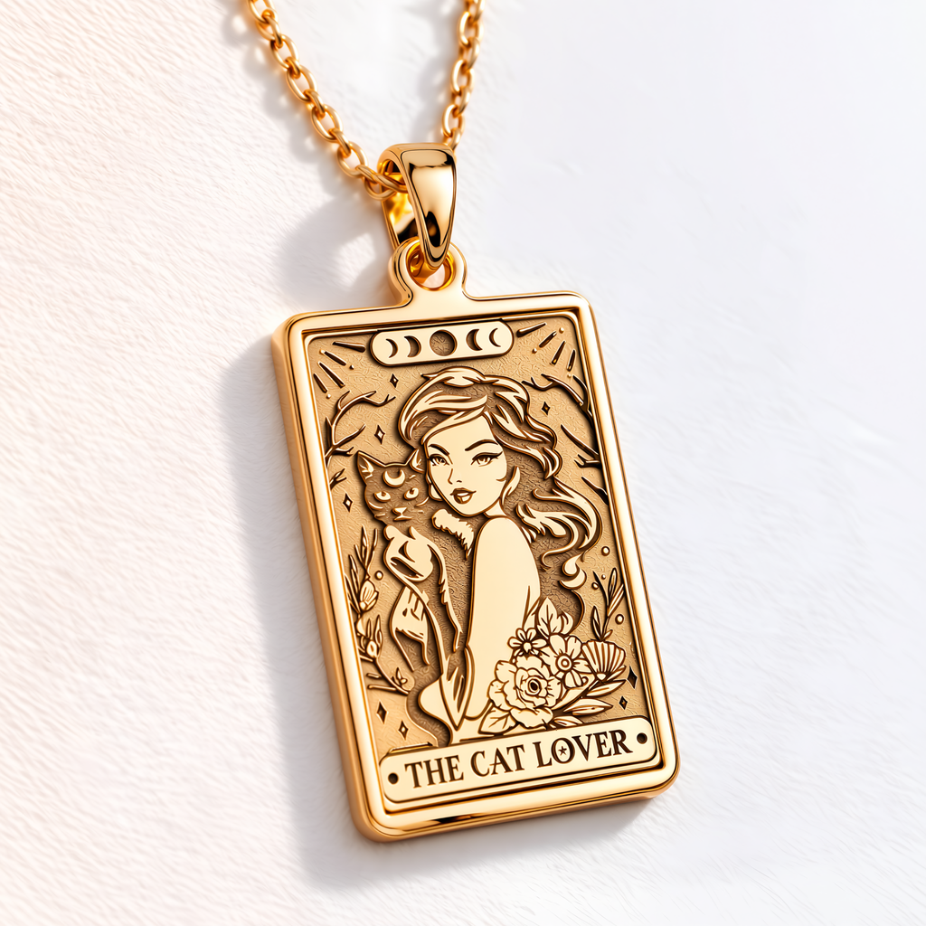 Witch Girl Tarot Rider Waite Occult Arcana Necklace - 14K Solid Gold, Left Angle View