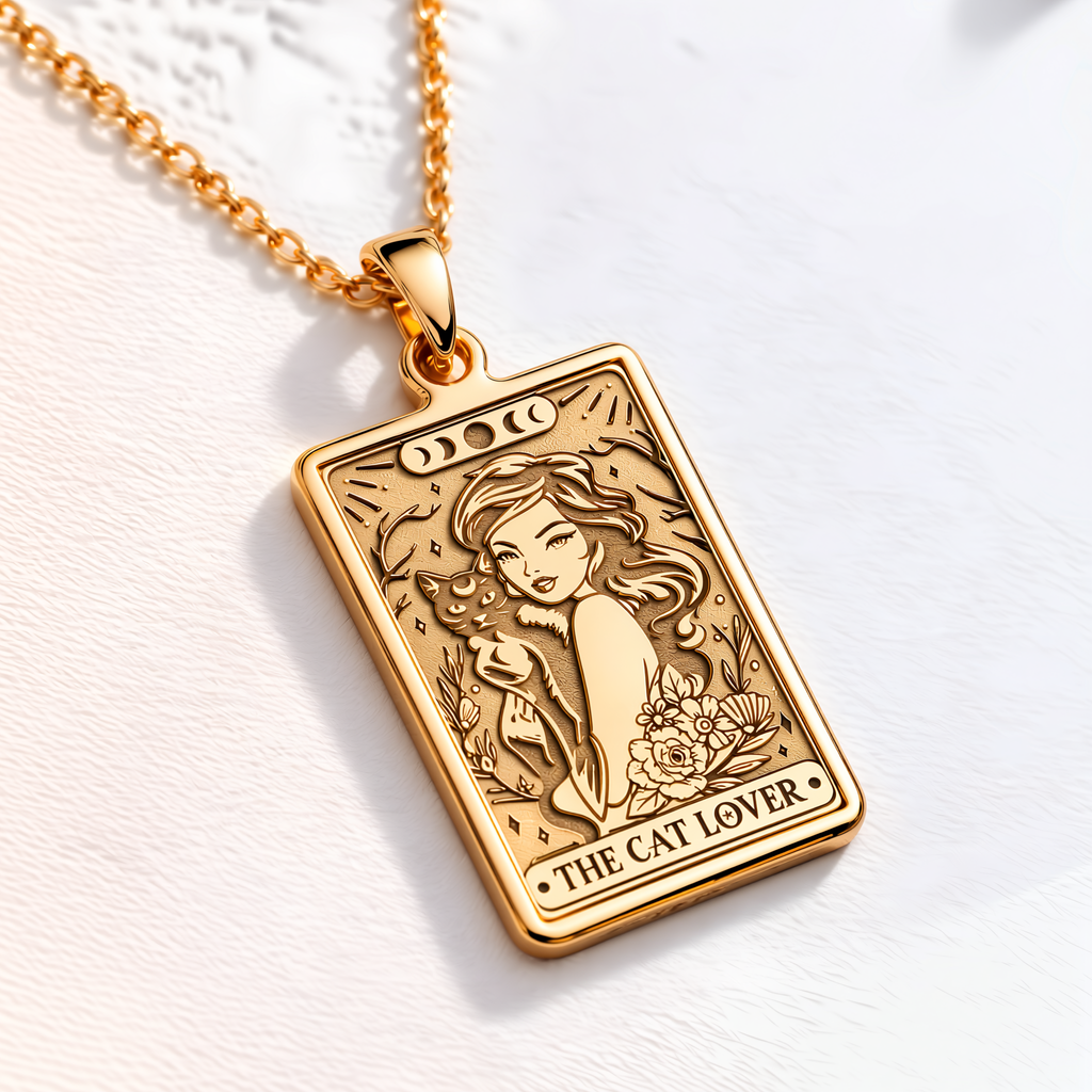 Witch Girl Tarot Rider Waite Occult Arcana Necklace - 14K Solid Gold, Right Angle View