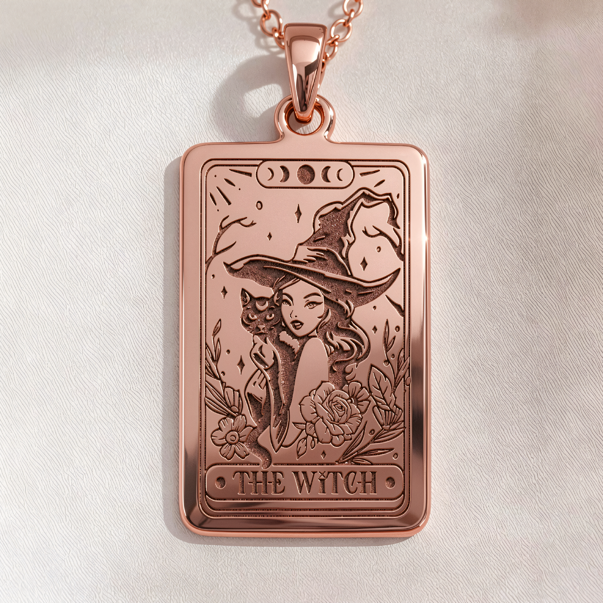 Witch Tarot Rider Waite Necklace in a polished rose gold finish.