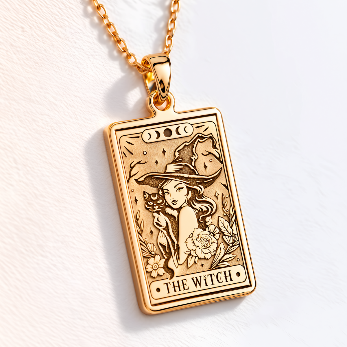 Witch Tarot Rider Waite Necklace - 14K Solid Gold, Left Angle View
