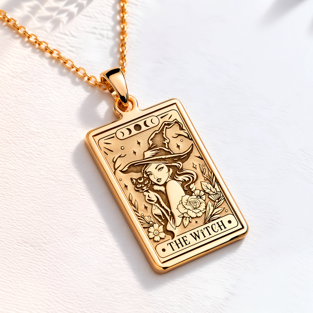 Witch Tarot Rider Waite Necklace - 14K Solid Gold, Right Angle View