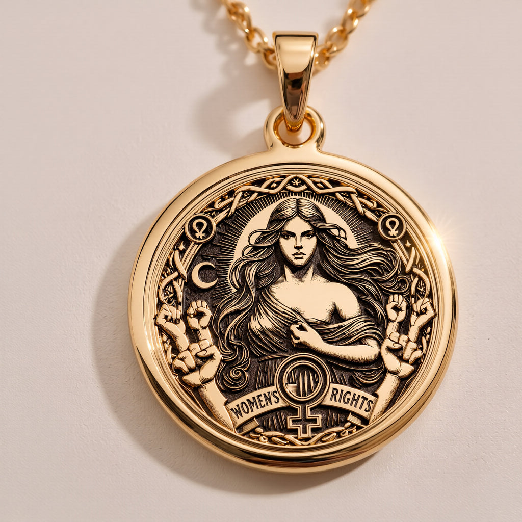 Front view of Women's Rights Feminist Medallion in 14K solid gold, showing engraved woman with raised fists and Venus symbol.