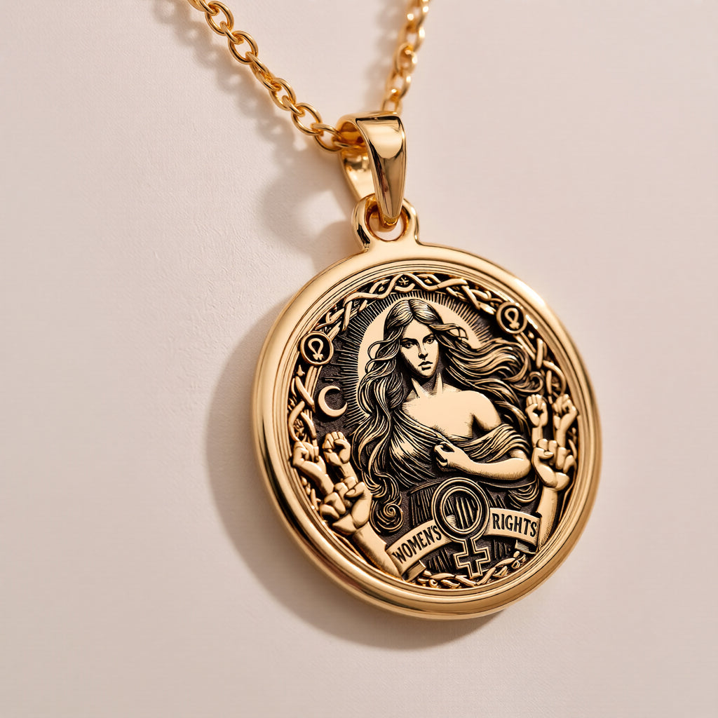 Elegant 14K Solid Gold Women’s Rights pendant, featuring a powerful feminist medallion with celestial details and an equality symbol. A stunning gold empowerment necklace, perfect for those who stand for gender equality and justice. - View 6