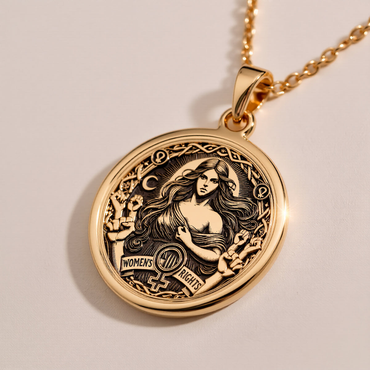 Elegant 14K Solid Gold Women’s Rights pendant, featuring a powerful feminist medallion with celestial details and an equality symbol. A stunning gold empowerment necklace, perfect for those who stand for gender equality and justice. - View 7