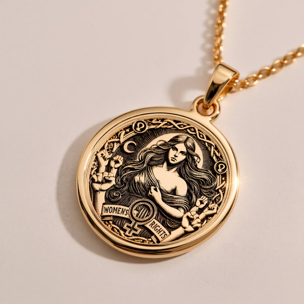Elegant 14K Solid Gold Women’s Rights pendant, featuring a powerful feminist medallion with celestial details and an equality symbol. A stunning gold empowerment necklace, perfect for those who stand for gender equality and justice. - View 8