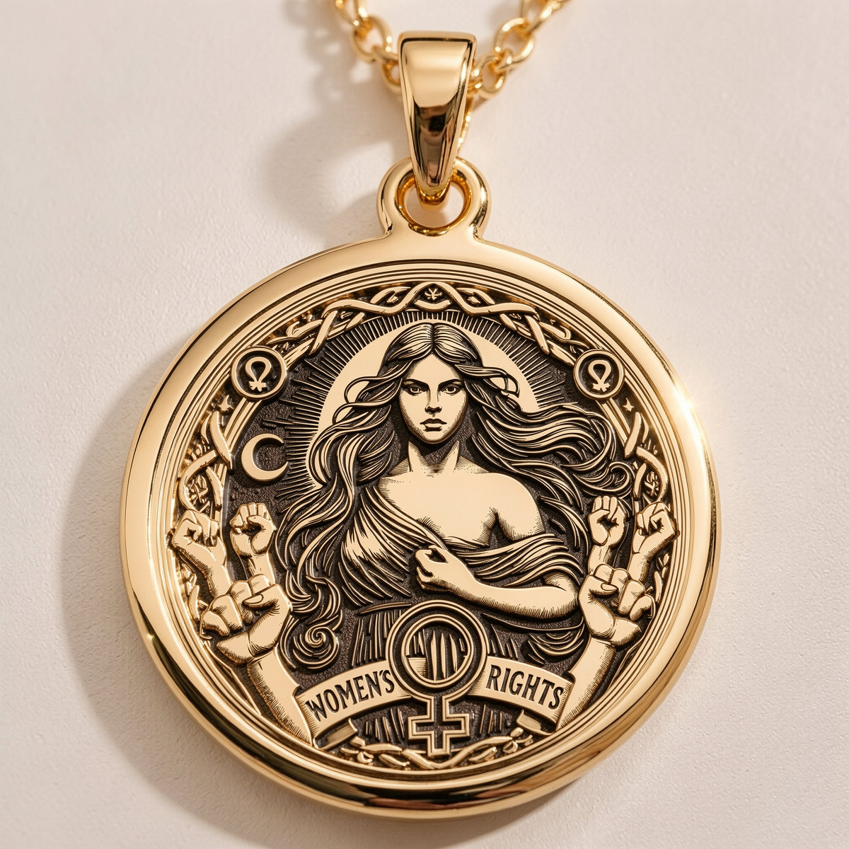 Elegant 14K Solid Gold Women’s Rights pendant, featuring a powerful feminist medallion with celestial details and an equality symbol. A stunning gold empowerment necklace, perfect for those who stand for gender equality and justice.
