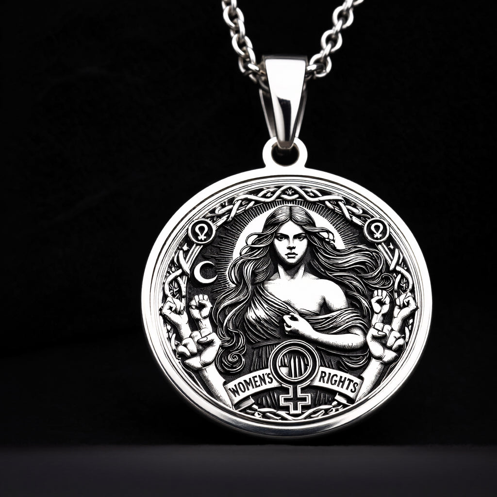 Intricately designed 925 Sterling Silver Women’s Rights medallion, featuring celestial details and a raised fist of strength. A perfect silver feminist necklace, representing equality and unity. - View 6