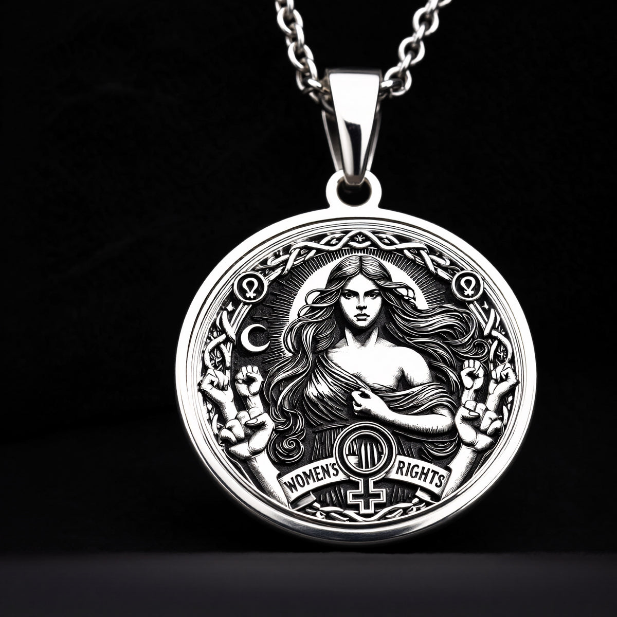 Intricately designed 925 Sterling Silver Women’s Rights medallion, featuring celestial details and a raised fist of strength. A perfect silver feminist necklace, representing equality and unity. - View 6