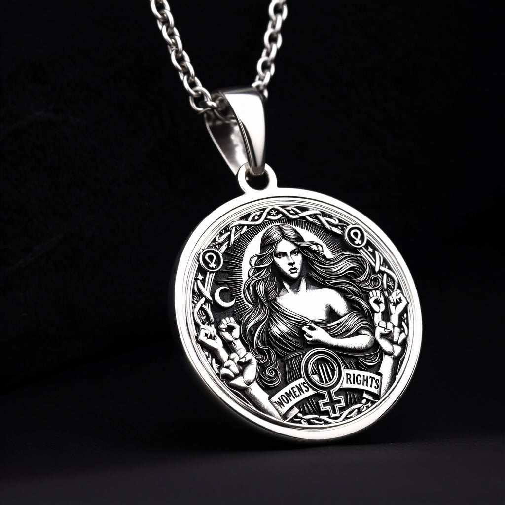Intricately designed 925 Sterling Silver Women’s Rights medallion, featuring celestial details and a raised fist of strength. A perfect silver feminist necklace, representing equality and unity. - View 7